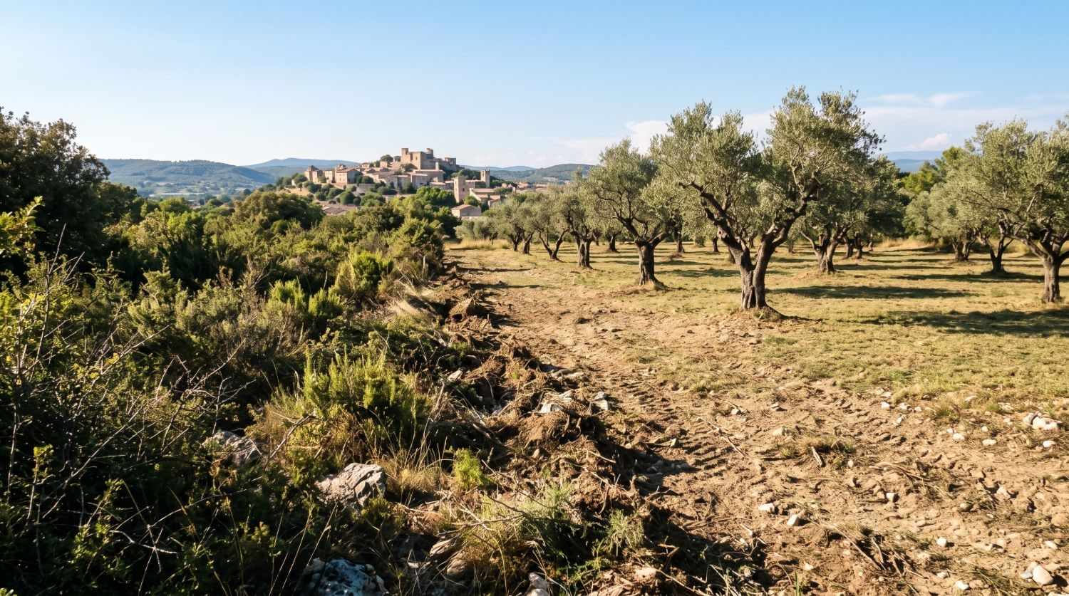 Oliveraie et garrigue au pied d'un village perché de Haute-Provence